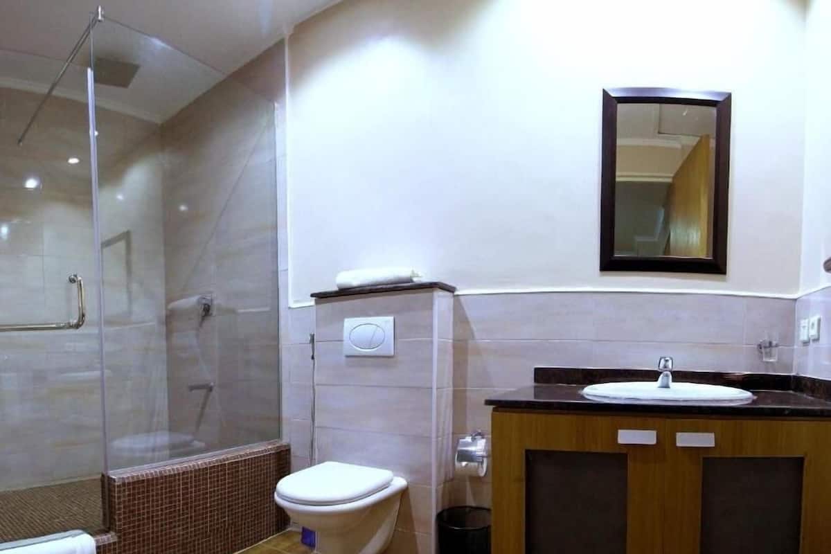 A modern bathroom with a glass shower enclosure, a toilet, a sink with a vanity, and a mirror on the wall.