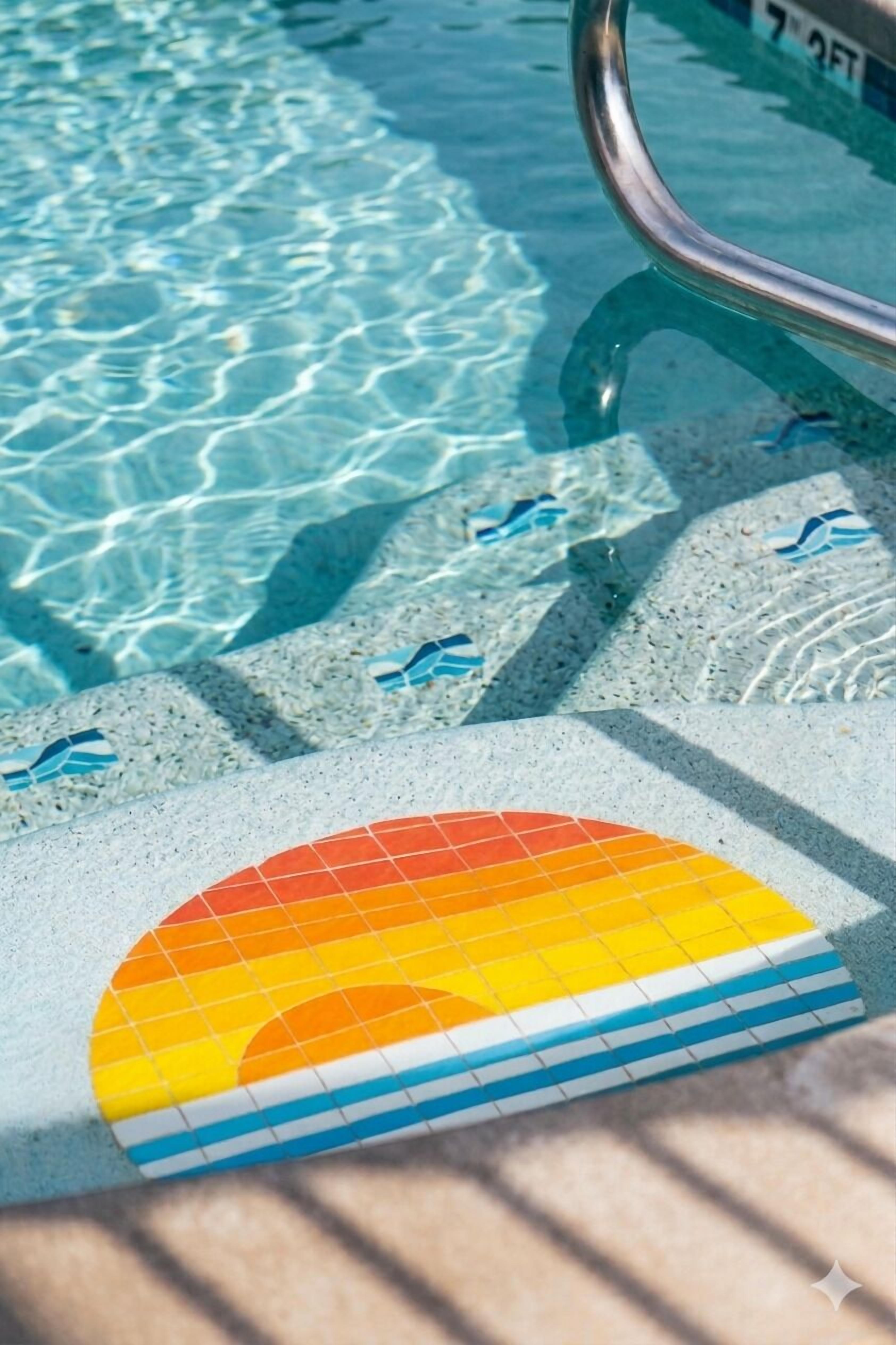 En pool med klart vand, en metalkant og et farverigt solmotiv på bunden.