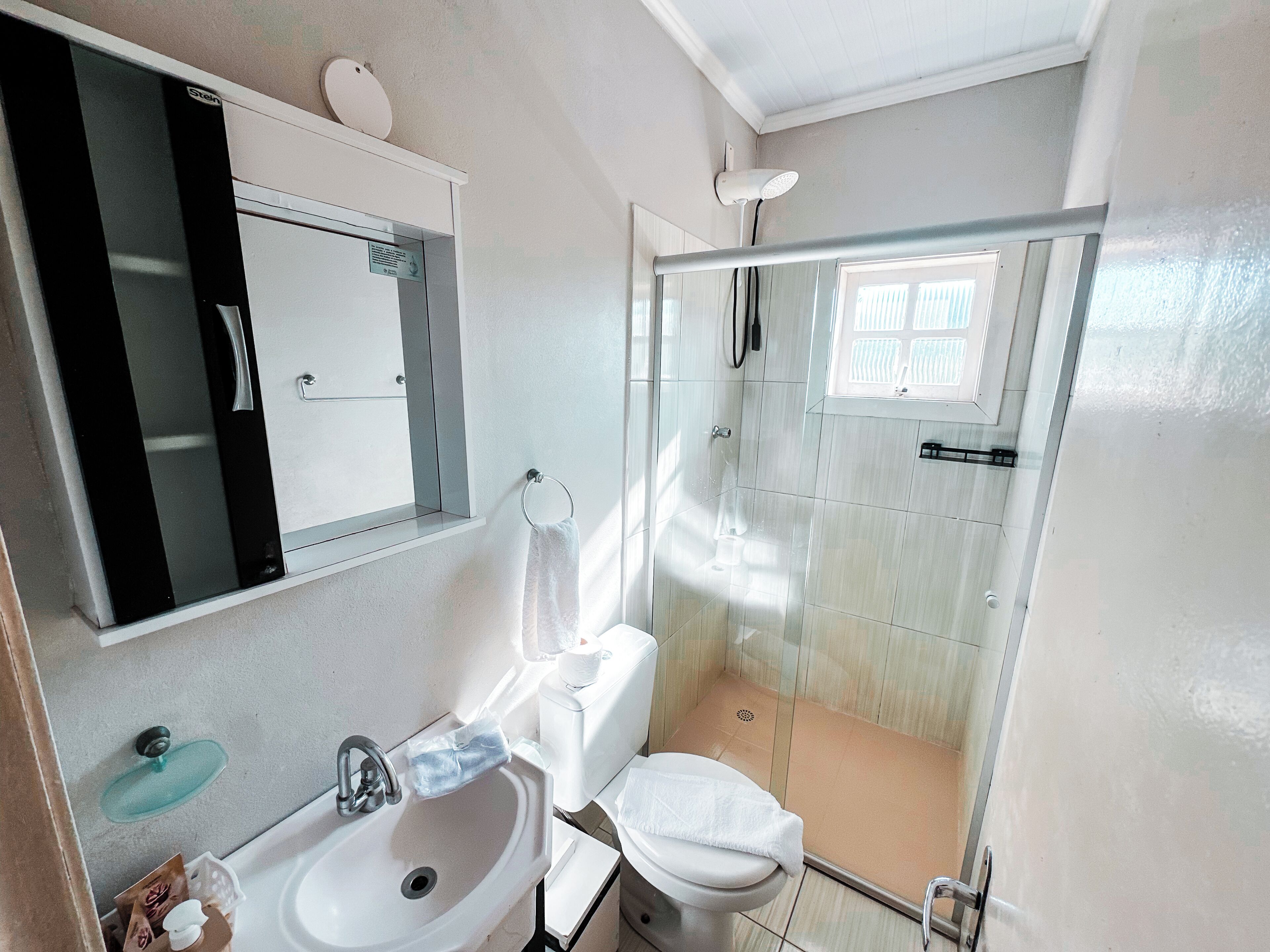 A bathroom with a sink, toilet, and glass shower enclosure.