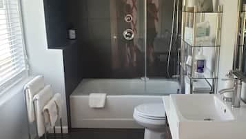 Hair dryer, towels, soap, shampoo