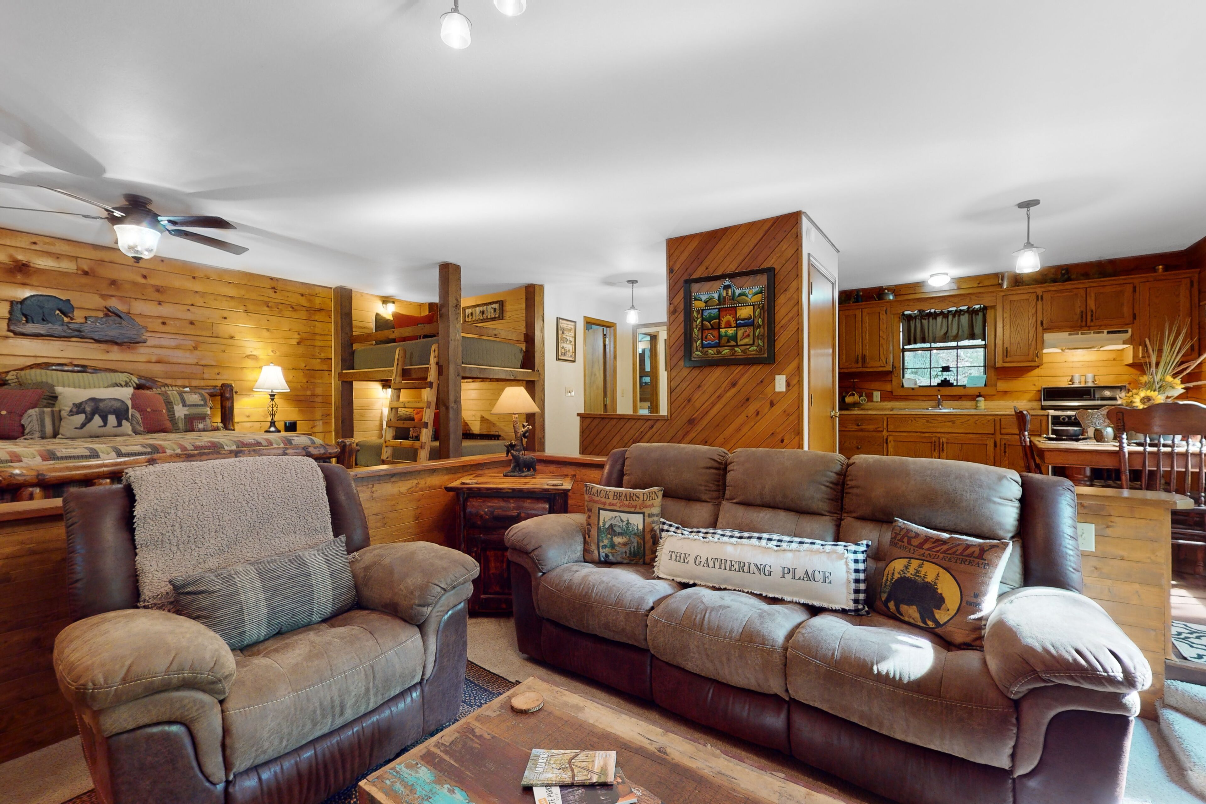 Dog-friendly cabin with private porch, fireplace, & on-site fishing pond