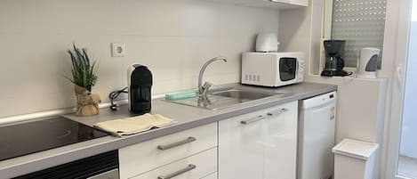 Apartment | Private kitchen | Full-sized fridge, microwave, oven, stovetop