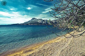 A beach with clear water, a mountain in the background, and a tree branch in the foreground. - Holiday apartment first row to the sea (Omiš)