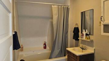 Hair dryer, towels, soap, shampoo