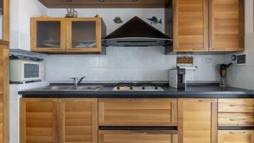 Fridge, microwave, oven, cookware/dishes/utensils