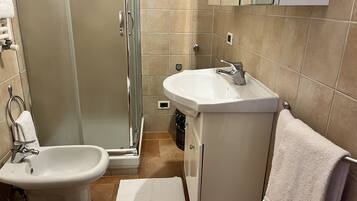 Shower, hair dryer, bidet, towels