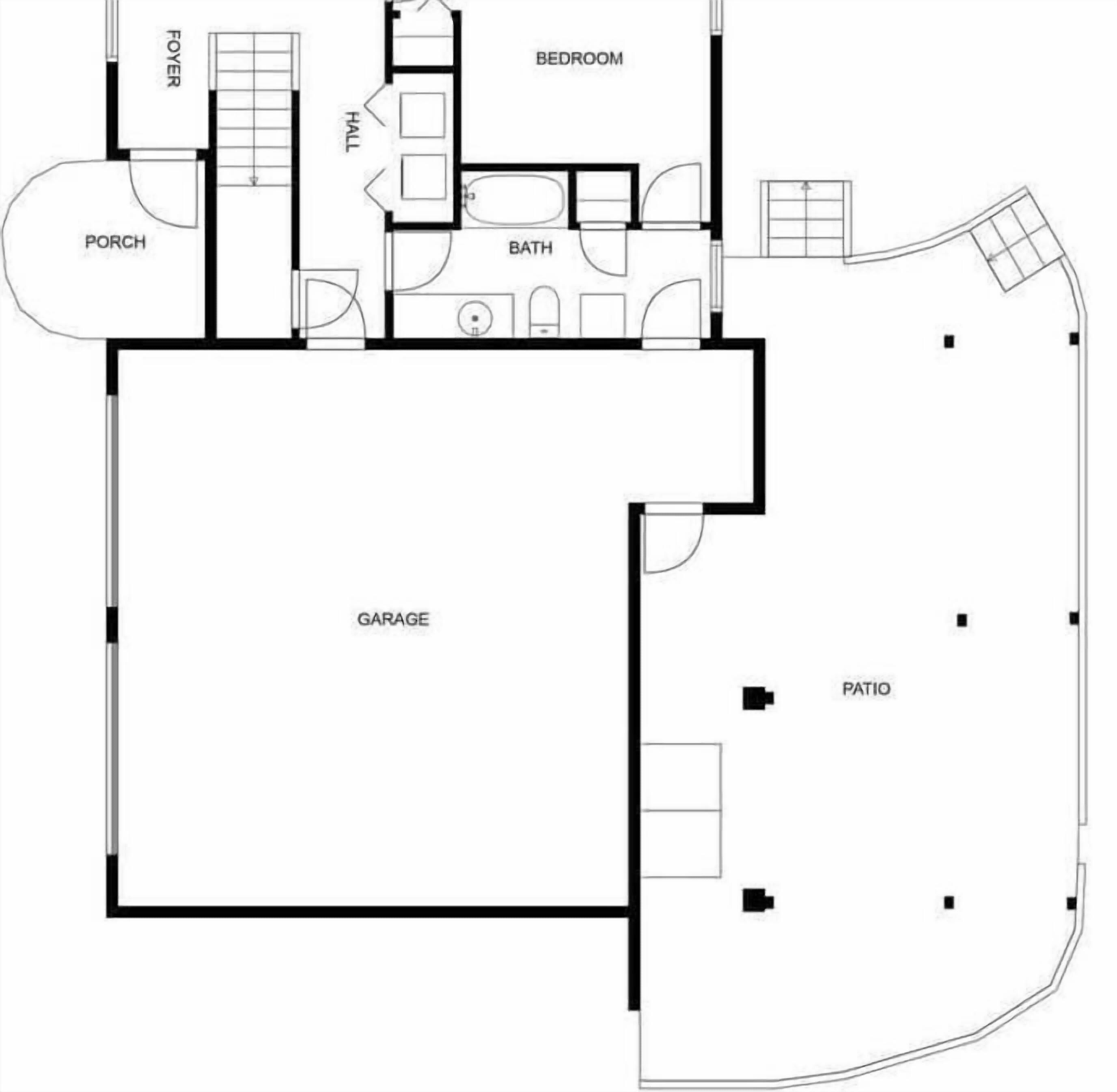 A floor plan with a bedroom, bathroom, porch, garage, and patio.