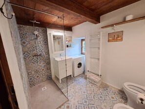 Hair dryer, bidet, towels, soap