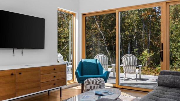 Living area - KOTI 1 (Two Bedroom) Traverse City's Scandinavian Cabins, vacation home on TART & mins to Traverse C... (Williamsburg)