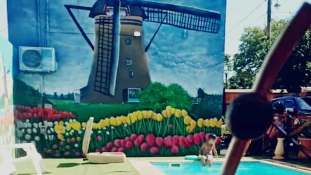 Un mural pintado con un molino y flores, una piscina y un vaso con pajita de una bebida tradicional.