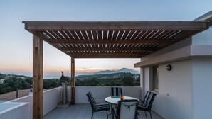 A covered outdoor seating area with a table and chairs, overlooking a scenic landscape.