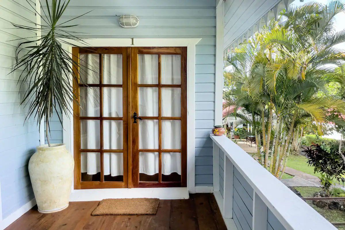 A wooden door with glass panels and curtains, a potted plant, and a balcony with a view of palm trees.
