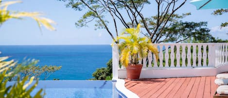 Ein Pool ohne Ende mit Blick auf das Meer, eine weiße Einfriedung und ein Topfpflanze.