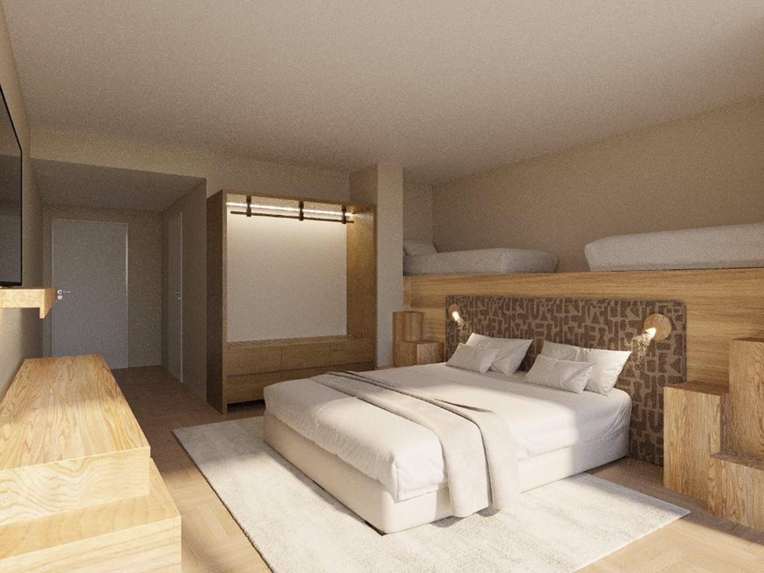 A modern bedroom with a bunk bed, a bedside table, a lamp, and a large mirror.