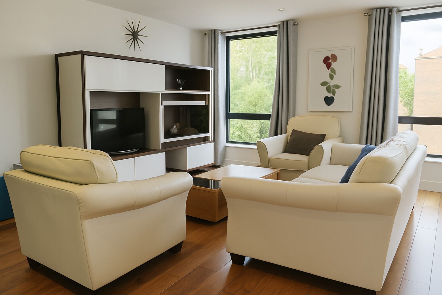 A modern living room with a flat-screen TV, two sofas, a coffee table, and a bookshelf.