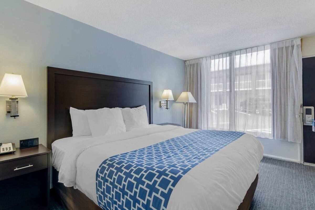 A hotel room with a large bed, two bedside lamps, a nightstand with a clock, and a window with curtains.