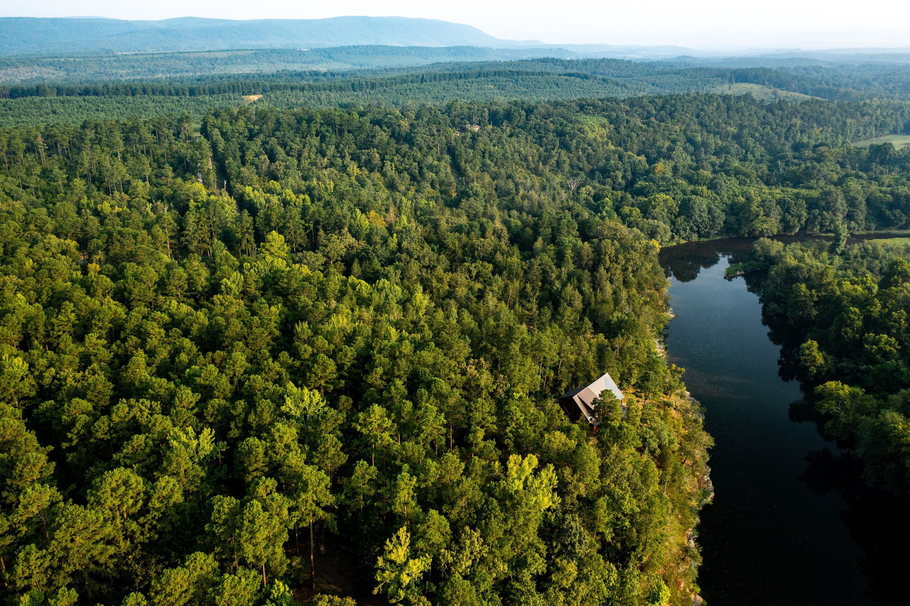 An aerial view of a forested area with a small building near a lake.