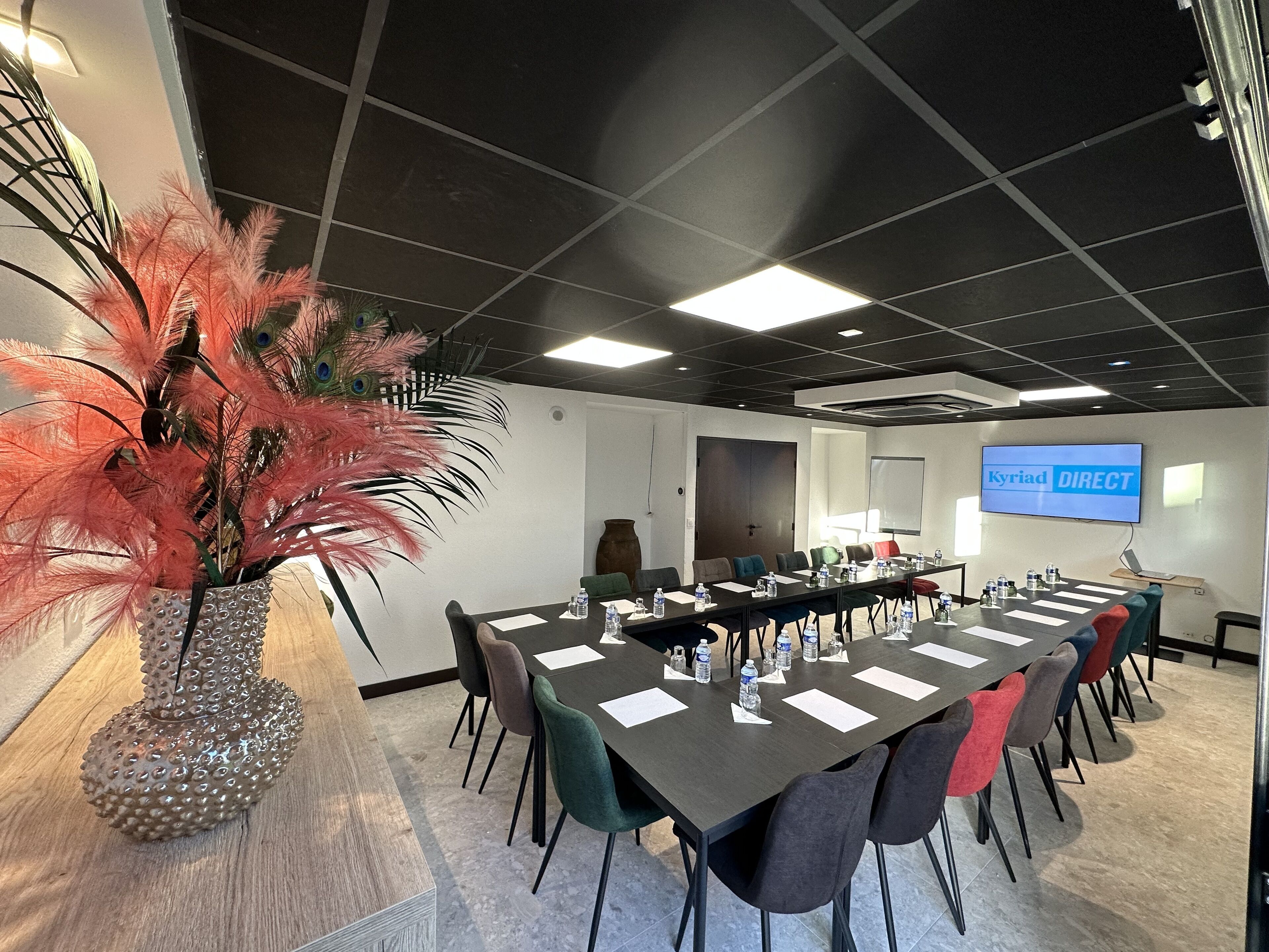 Una sala de conferencias con una larga mesa, sillas, una planta decorativa y una pantalla mostrando 'Kyriad DIRECT'.