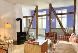 Televisie, een open haard, een tafeltennistafel en boeken