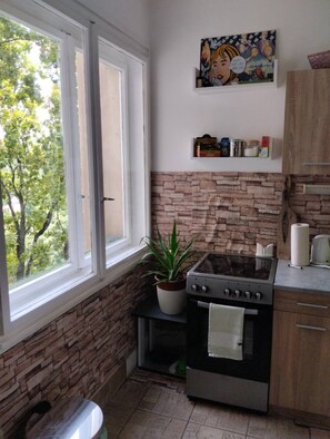 Fridge, microwave, oven, stovetop