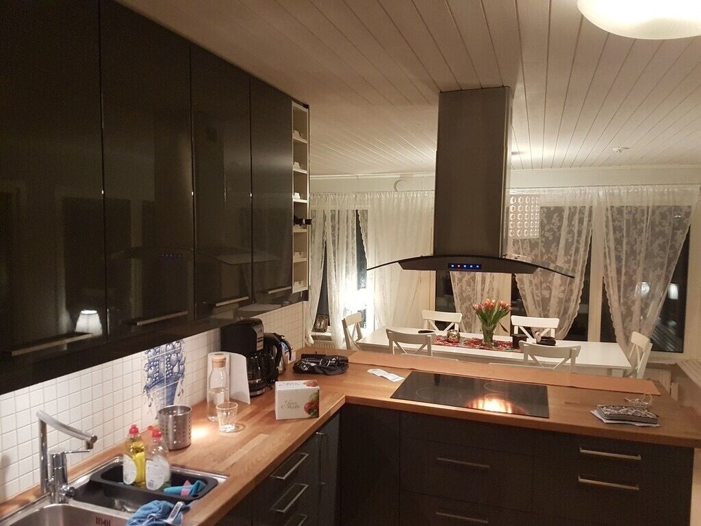 Une cuisine moderne avec des meubles de couleur sombre, un évier en acier inoxydable et une cuisinière intégrée.