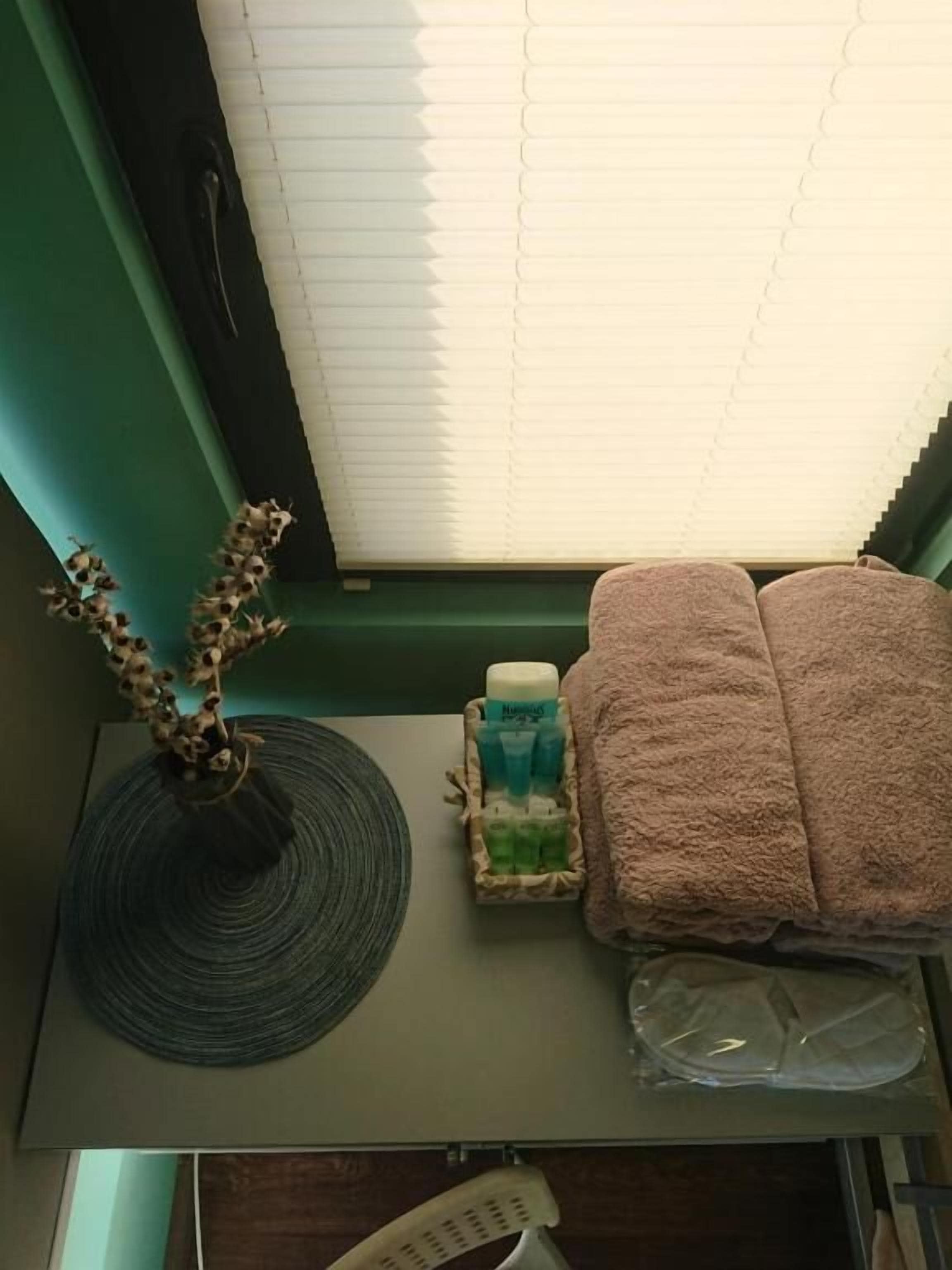Une salle de bain avec un porte-serviettes, une plante décorative, une bouteille de shampoing et une serviette pliée.