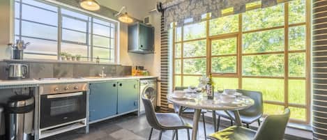 Full-sized fridge, microwave, oven, stovetop