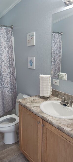 Douche, séchoir à cheveux, serviettes fournies, savon