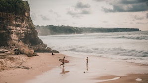 Une plage avec une falaise, des vagues et quelques personnes.