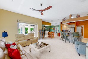 TV, streaming services - Dog-friendly waterfront home with heated pool, lanai, central AC, & W/D (Matlacha Isles)