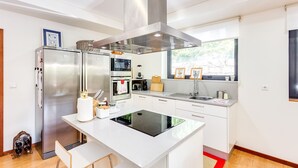 Eine moderne Küche mit Edelstahlgeräten, einer zentralen Kochinsel und einem großen Fenster für natürliches Licht.