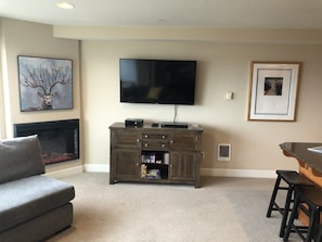 Smart TV, fireplace, books