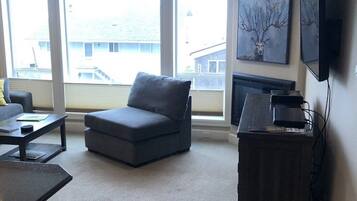 Smart TV, fireplace, books