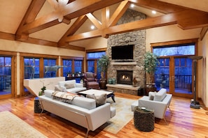 Smart TV, fireplace, books, stereo