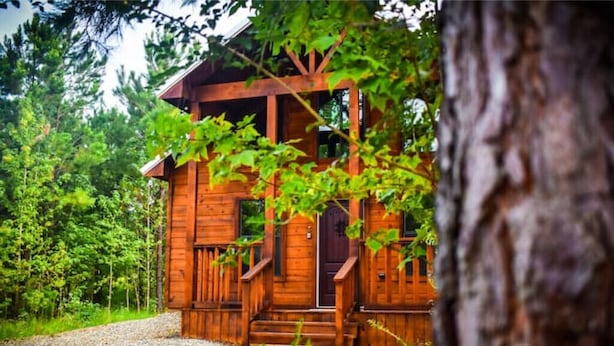 Eine Holzhütte mit Veranda, umgeben von Bäumen.