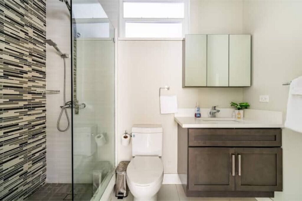 Shower, towels, soap, toilet paper