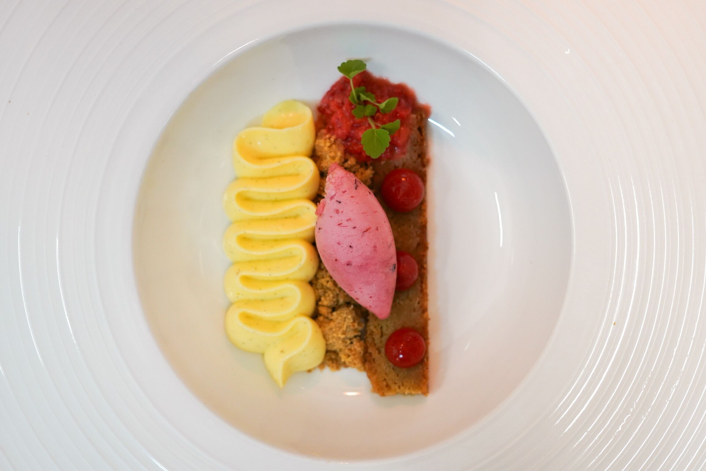 A dessert plate with a slice of cake, a dollop of cream, and a cherry.