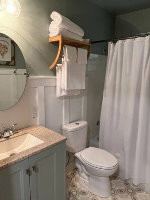 Une salle de bain équipée d’un lavabo, de toilettes et d’un rideau de douche.