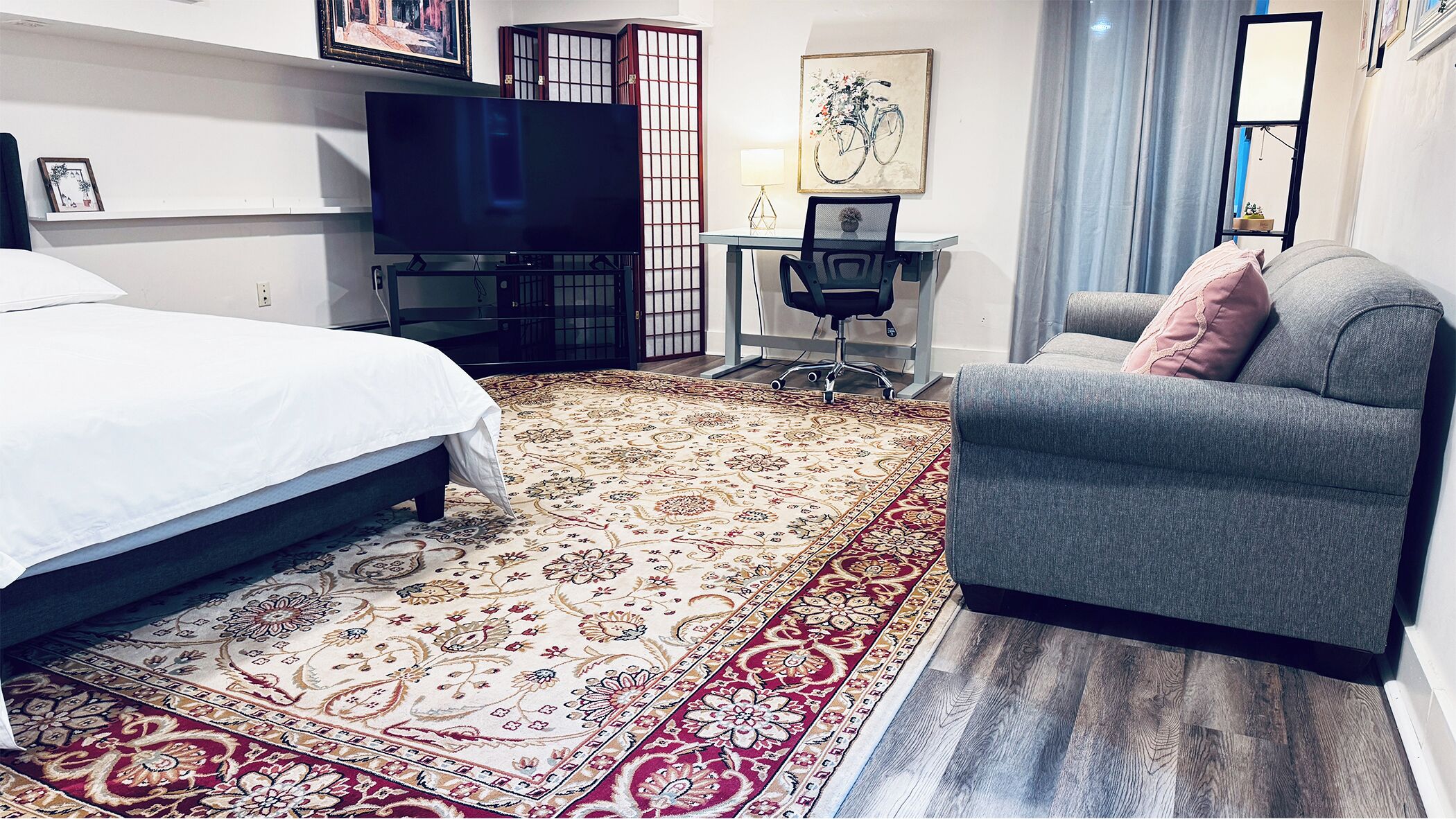 Une chambre à coucher avec un lit, un fauteuil gris, un bureau, une télévision et un tapis à motifs.