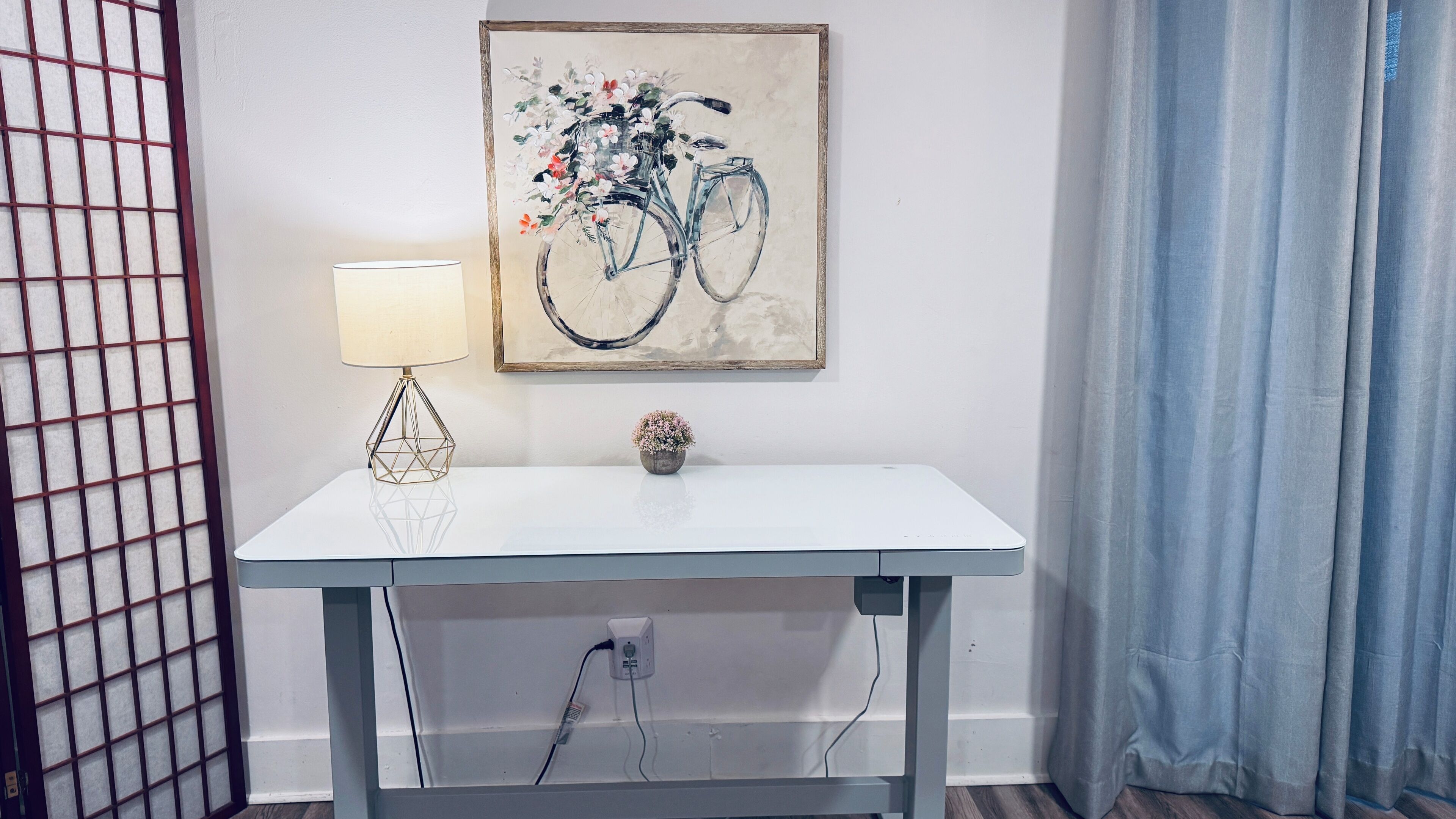 Une table blanche avec une lampe et une petite plante en pot, un tableau encadré représentant un vélo et une prise de courant.
