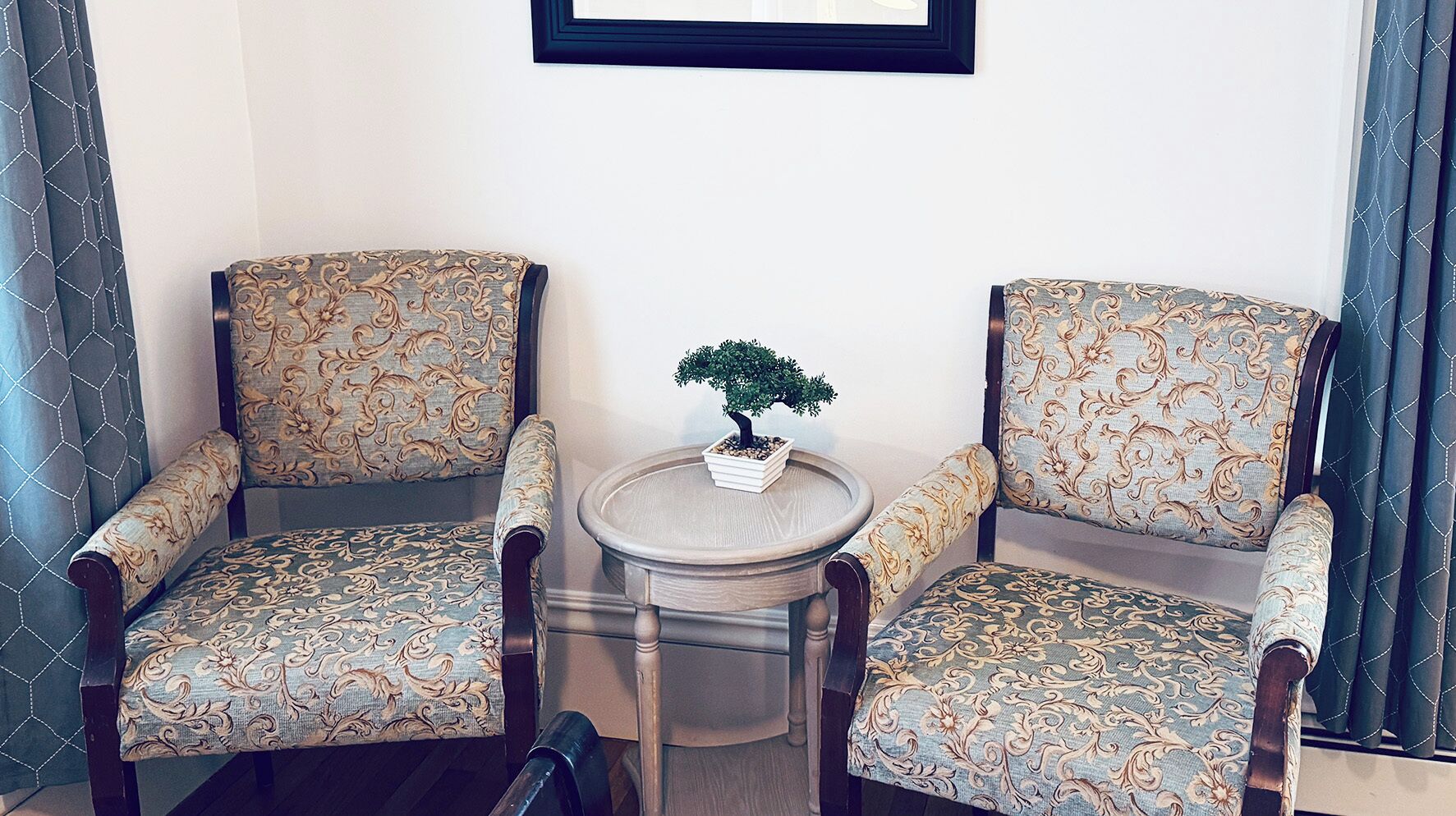 Two armchairs with patterned upholstery, a small round table with a potted plant, and a framed picture on the wall.