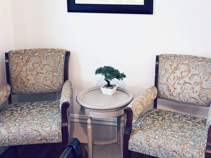 Two armchairs with patterned upholstery, a small round table with a potted plant, and a framed picture on the wall.