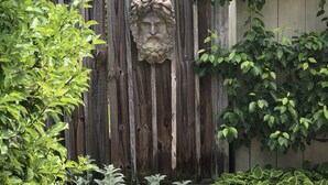 A wooden fence with a stone face carving, surrounded by lush green foliage. - Oyster Cottage  - walk to shops , Mainstay music venue and the Bay! (Rock Hall)