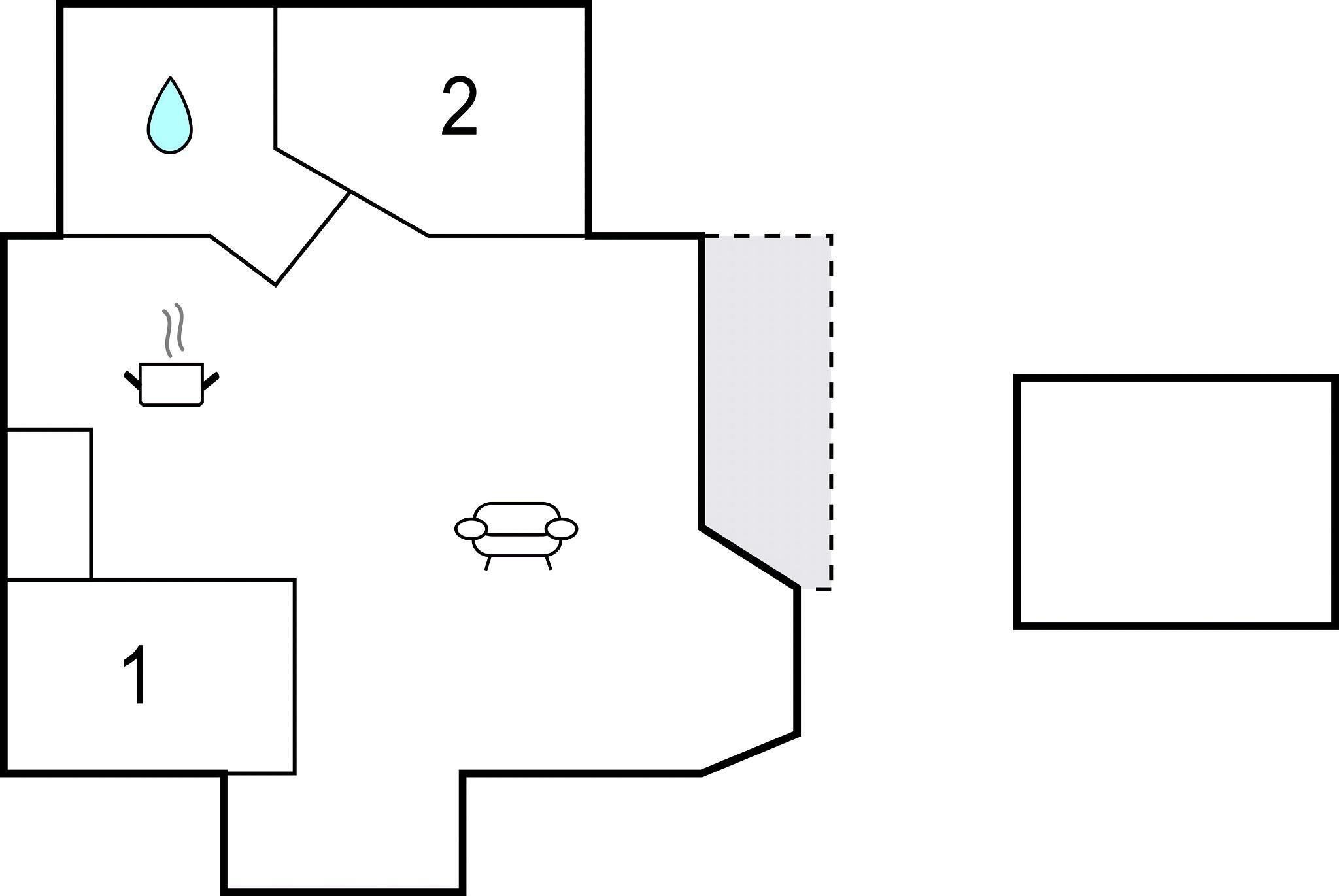 Planta baixa com dois quartos, um banheiro e um chuveiro.