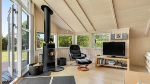 A cozy room with a wood-burning stove, a comfortable chair, a TV, and a bookshelf.