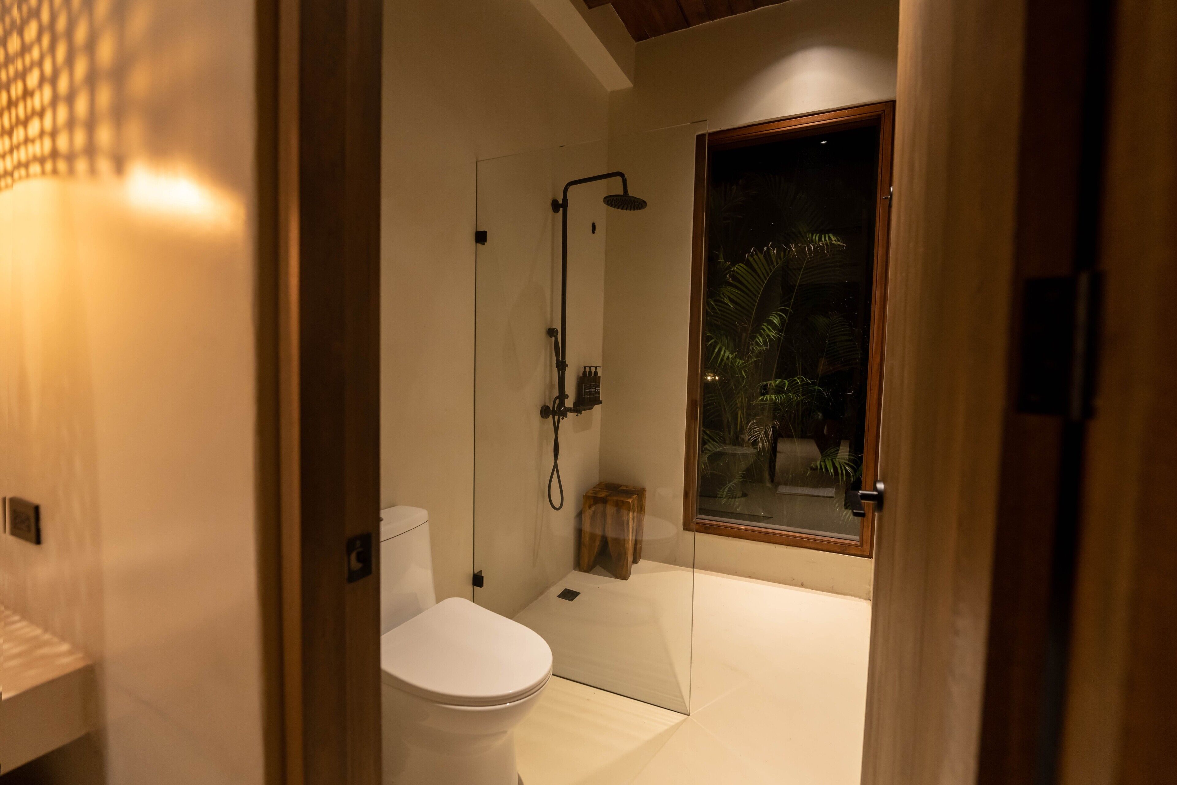A modern bathroom with a glass shower enclosure, a white toilet, and a wooden door.