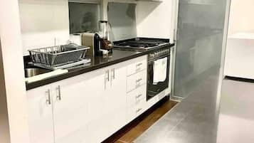 Fridge, microwave, oven, stovetop