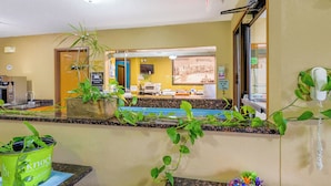 A hotel reception area with a counter, plants, a coffee machine, and a sign for 'The Knock'.