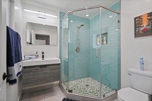 Hair dryer, towels, soap, toilet paper