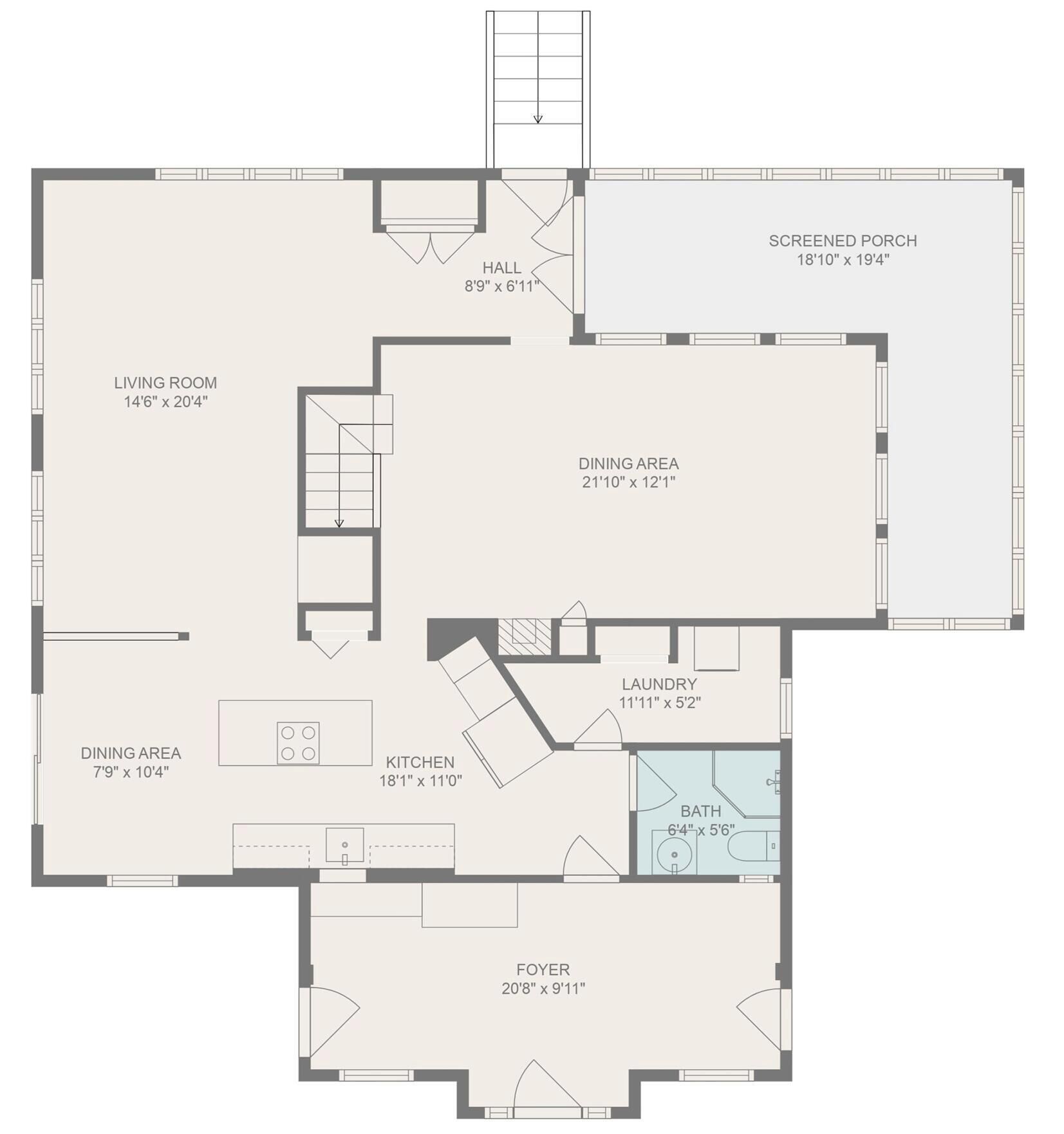 En planritning som visar ett vardagsrum, två matplatser, ett kök, en inglasad veranda, en entréhall, ett badrum och en hall.